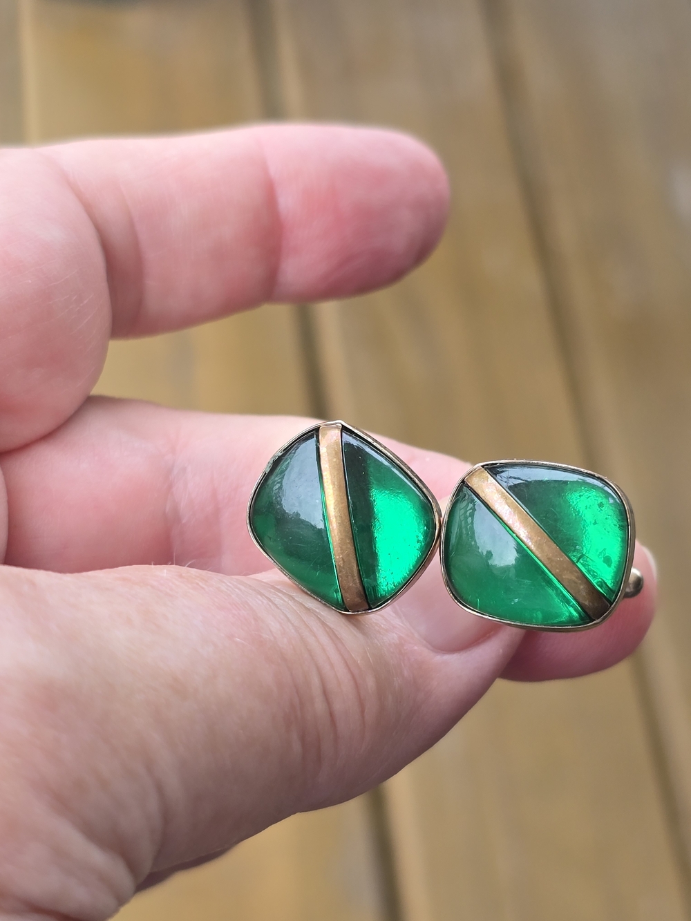 Mens Cuff Links Antique Green Glass and Gold Accent